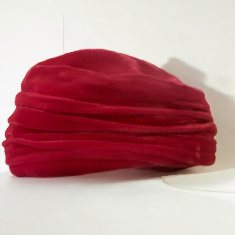 1960s Raspberry Red Vintage Velvet Turban Hat with Jewel Accent - Picture 8 of 14